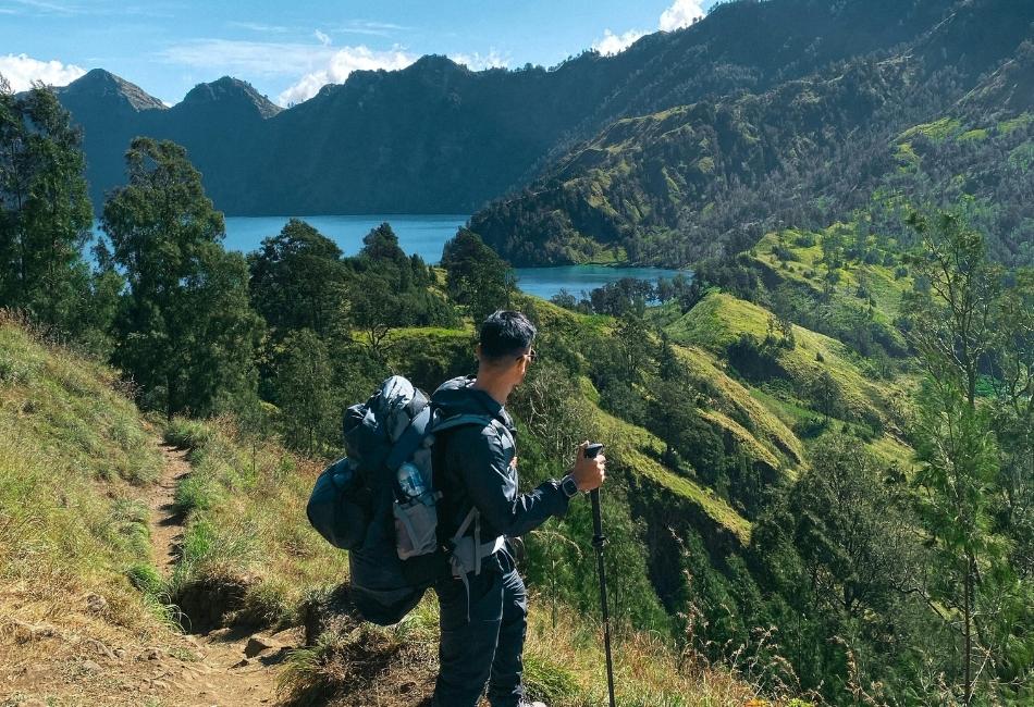 Hiker with Scenic Mount Rinjani in Indonesia