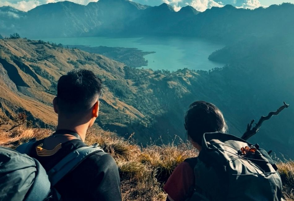 Hikers Admiring View of Mount Rinjani Crater Lake